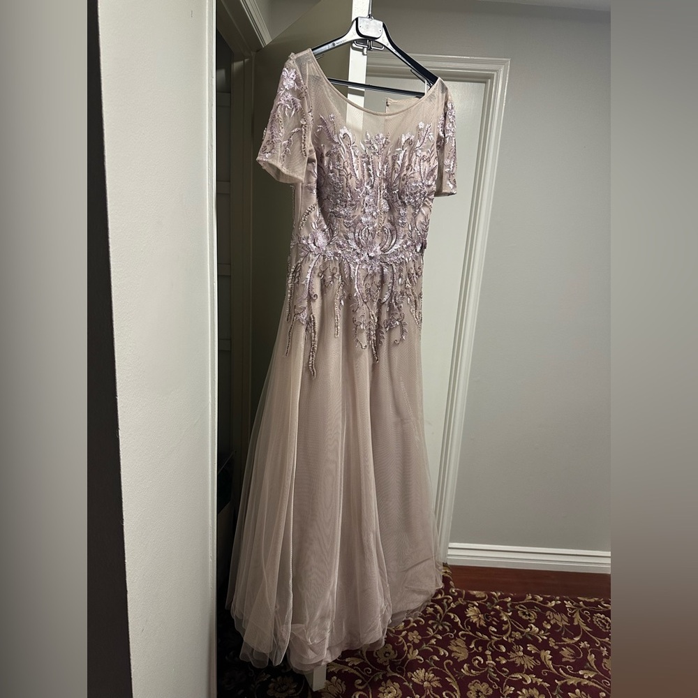 Teri Jon Dusty Rose Embellished Tulle Evening Dress